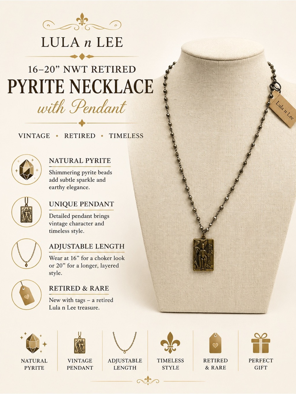 31 Lula n Lee 16-20” NWT Retired Pyrite Necklace with Pendant